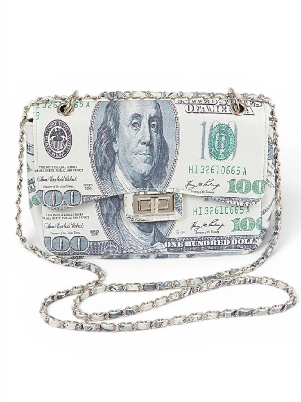 MONEY Novelty $100 Bill Printed Convertible Turn Lock Shoulder Bag Crossbody Bag